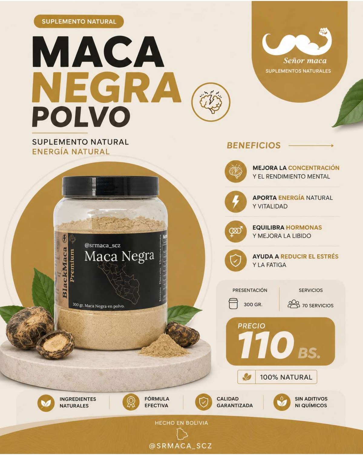 Maca Negra en polvo, presentación 300 g, catálogo srMaca